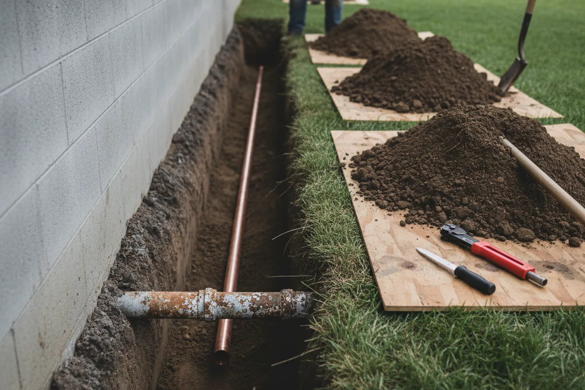 Excavated water line trench during Water Heater Repair in Shelbyville